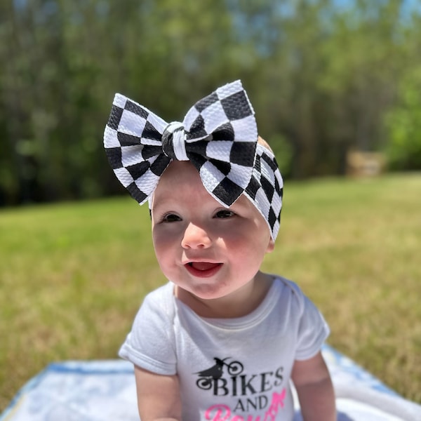 Checkered Bow, Race Bow, Checkered Flag Bow, Baby Headband, Baby Bow, Big Bow, Dirt Bike Baby, Motocross, Black White, Headwrap ,Race Day