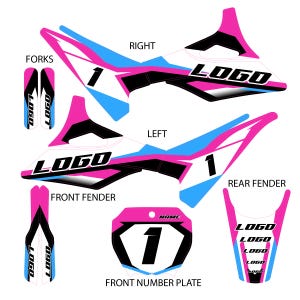 May include: A set of motorcycle graphic decals in white, pink, and blue. The kit includes pieces for the right and left sides, forks, front fender, rear fender, and a front number plate. Each piece features the text LOGO and the number 1.