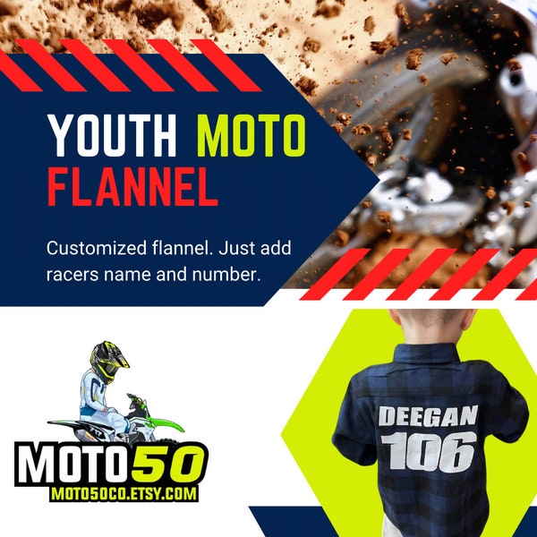 PERSONALIZED YOUTH Flannel Moto Flannel with Name and Number Dirt Bike Flannel for Youth Kids Long Sleeve Flannel Customize