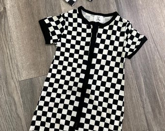 Bamboo Shortie Sleeper, Black & White Checkered Baby Pajamas