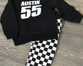 PERSONALIZED Baby Clothes Checkered Outfit for Race Day Long Sleeve Motocross Hoodie for Baby Christmas Gift for Dirt Bike Rider Custom