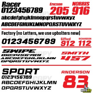 May include: A white background with black and red text. The text includes the words "Racer", "Factory", "Swipe", "Sport", "Ericson", "Norris", "Gifford", "Richardson", "Smith", "Anderson", and "Moto 50". The numbers 0123456789, 205, 916, 912, 112, 457, and 83 are also included in the text.
