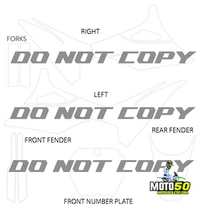 May include: A set of motorcycle decal templates featuring outlines for forks, right and left side panels, front fender, rear fender, and a front number plate. The image includes the text DO NOT COPY and the MOTO50 logo with MOTO50CO.ETSY.COM.