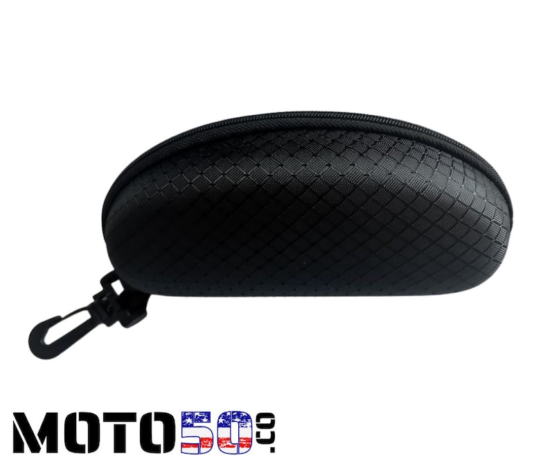 May include: Black zippered case for glasses with a clip. The case has a textured diamond pattern.