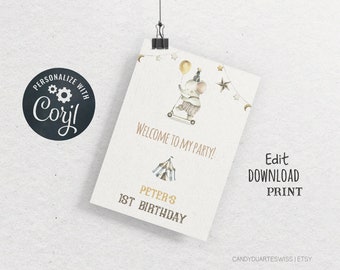 Birthday circus welcome sign, Printable welcome sign,Vintage circus themed birthday party decor, Editable welcome poster, Digital Download