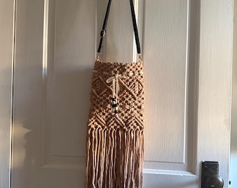 Boho handwoven macramé crossbody bag tan.