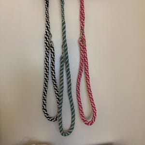 May include: Three braided dog leashes in black and white, teal and cream, and pink and white hang from a wooden branch. Each leash has a silver-colored metal clasp. The leashes are hanging on a white wall.