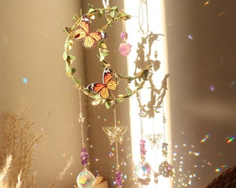 Leafy Butterfly  Crystal Suncatcher / Cottagecore Rainbow Maker Prism / Aesthetic Butterfly Bedroom Window Decor / Car Charm / Cottage Decor