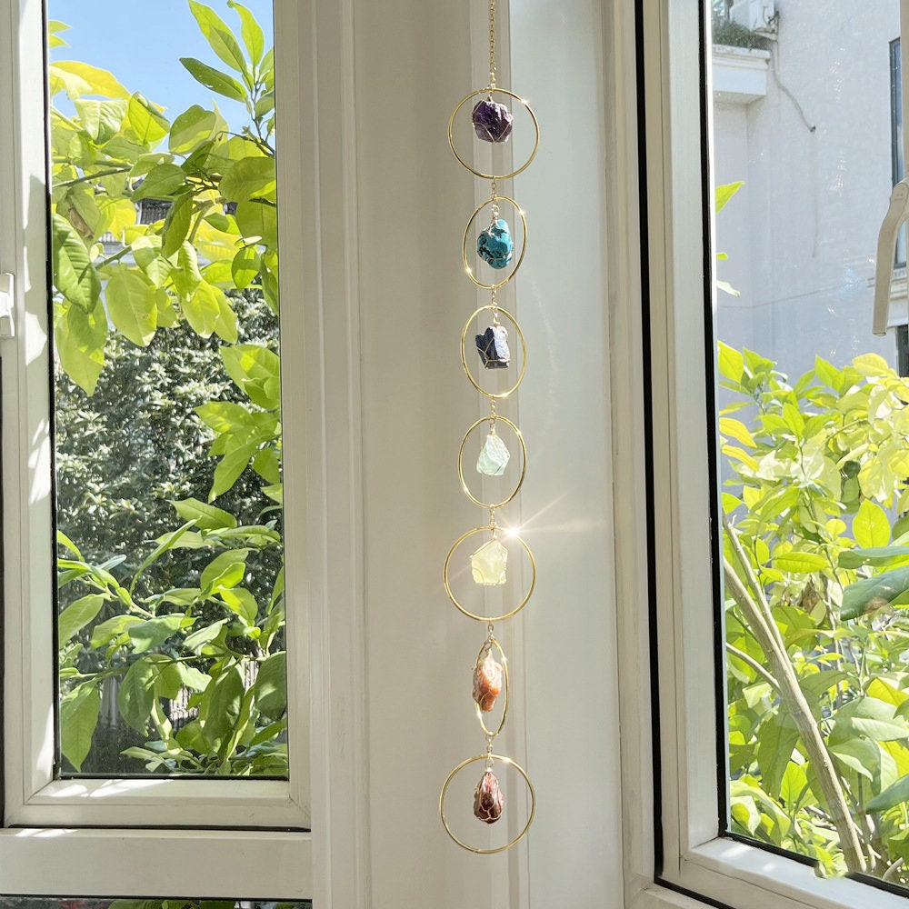 7-Color Natural Crystal Stone Hanging Ornament | Healing Natural Stone Window Decor | Yoga Gifts Yoga Room Decor Crystal Hanging Boho Decor