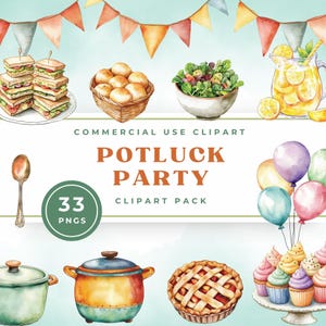 Pacote de clipart Potluck - Gráficos de comida em aquarela - Caçarola e cupcake PNG - Designs de uso comercial