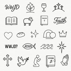 Op de afbeelding: Een verzameling zwart-wit lijntekeningen met religieuze symbolen. Bevat een kruis, duif, vis, hart en de tekst "WWJD?" en "Faith". Perfect voor stickers of digitale kunst.