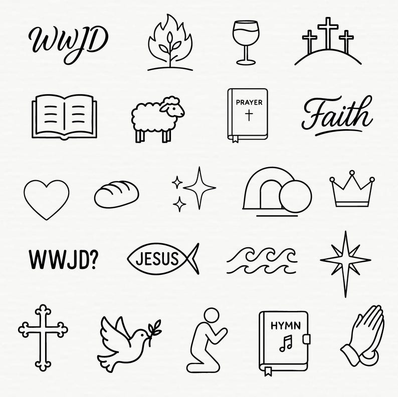 Op de afbeelding: Een verzameling zwart-wit lijntekeningen met religieuze symbolen. Bevat een kruis, duif, vis, hart en de tekst "WWJD?" en "Faith". Perfect voor stickers of digitale kunst.