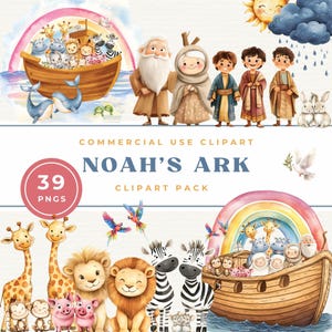 Clipartbundel Ark van Noach - schattige babydieren PNG - afbeeldingen van het bijbelverhaal - decor kinderkamer - digitale download - commercieel gebruik