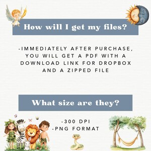 May include: A digital illustration with a blue background and text that reads "How will I get my files?" and "What size are they?" The text below the first question explains that after purchase, a PDF with a download link for Dropbox and a zipped file will be provided. The text below the second question states that the files are 300 DPI and in PNG format. The illustration also features a cartoon angel, sun, moon, and animals.
