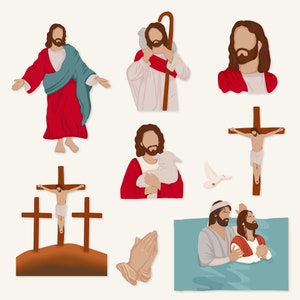 May include: A digital illustration of various scenes from the life of Jesus Christ. The scenes include Jesus as a shepherd, Jesus being baptized, Jesus carrying a lamb, Jesus on the cross, and Jesus praying with hands raised.