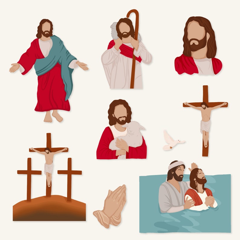 May include: A digital illustration of various scenes from the life of Jesus Christ. The scenes include Jesus as a shepherd, Jesus being baptized, Jesus carrying a lamb, Jesus on the cross, and Jesus praying with hands raised.