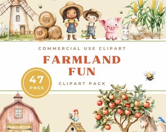 Watercolor Farm Scene Clipart - Farmland Art - Digital Download for Kids - Commercial Use Designs