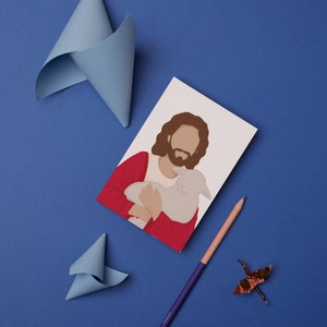 May include: A red and white illustration of a man holding a lamb. The man has a beard and brown hair. The background is a light blue.