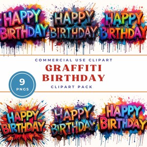 Graffiti alles Gute zum Geburtstag Clip Art, bunter digitaler Download, druckbare Bilder für Scrapbooking und Kunsthandwerk