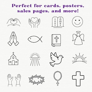 Op de afbeelding: Een verzameling zwarte lijntekening-iconen, waaronder handen die een hart vormen, een smiley, een kerk en een duif. De tekst bovenaan luidt: "Perfect for cards, posters, sales pages, and more!"