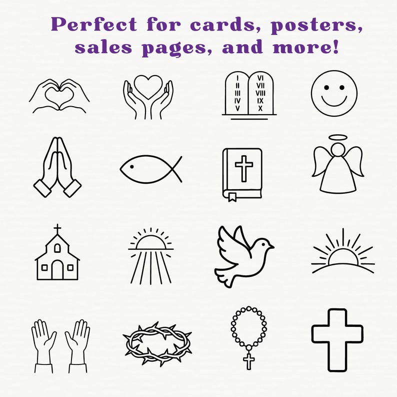 Op de afbeelding: Een verzameling zwarte lijntekening-iconen, waaronder handen die een hart vormen, een smiley, een kerk en een duif. De tekst bovenaan luidt: "Perfect for cards, posters, sales pages, and more!"