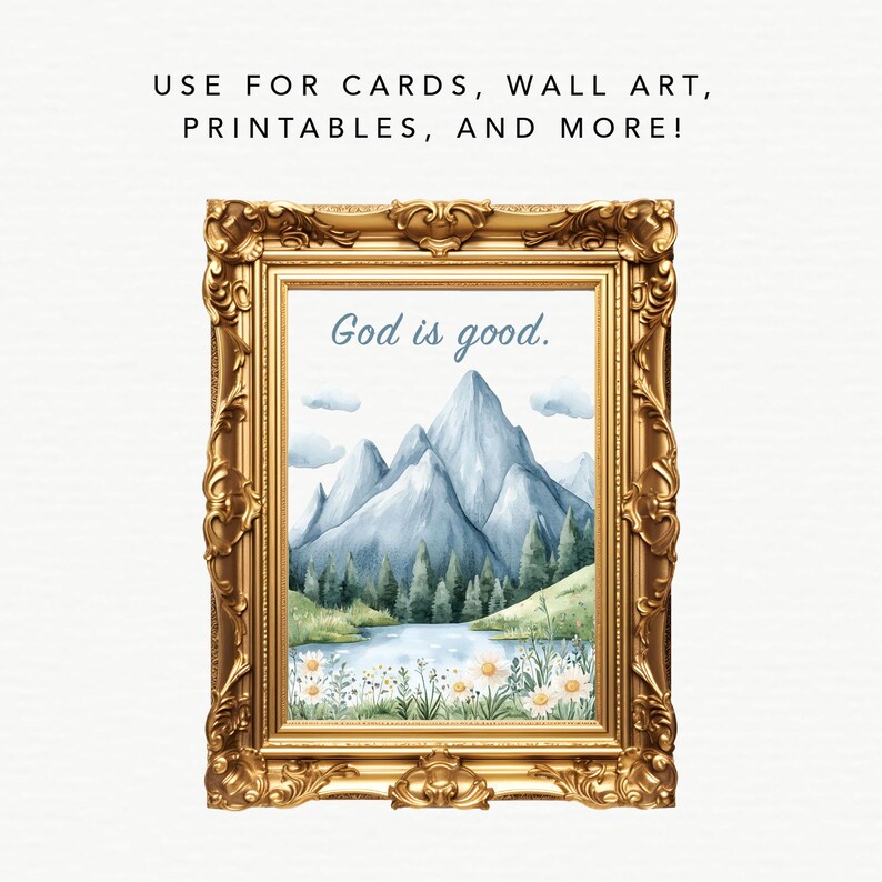May include: A framed watercolor painting of a mountain landscape with a lake and flowers. The text "God is good." is written in blue lettering at the top of the image.