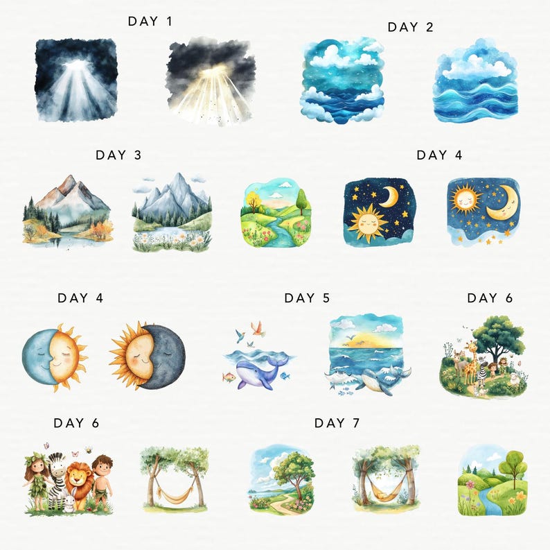 May include: A watercolor illustration of the seven days of creation. The first day shows light shining through dark clouds, the second day shows blue clouds and water, the third day shows mountains and a river, the fourth day shows the sun and moon, the fifth day shows whales in the ocean, the sixth day shows animals and people, and the seventh day shows a hammock hanging from a tree.