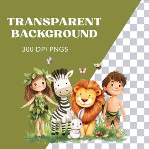 May include: A watercolor illustration of a girl with long brown hair wearing a green leaf dress, a boy with brown hair wearing a brown loincloth, a zebra, a lion, and a white rabbit. The animals and children are standing in a field of green grass with red ladybugs, butterflies, and a bee.