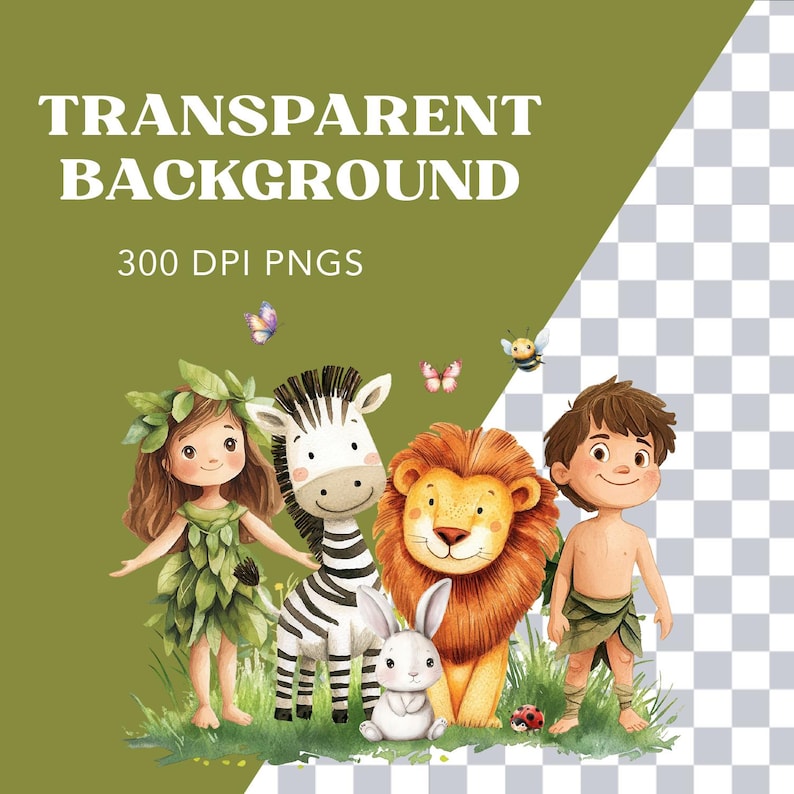 May include: A watercolor illustration of a girl with long brown hair wearing a green leaf dress, a boy with brown hair wearing a brown loincloth, a zebra, a lion, and a white rabbit. The animals and children are standing in a field of green grass with red ladybugs, butterflies, and a bee.