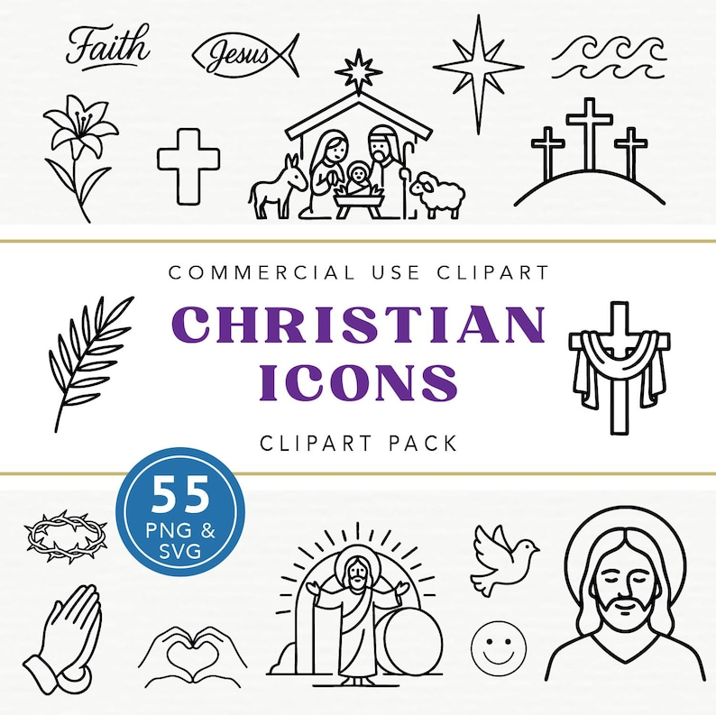Op de afbeelding: Een verzameling zwart-witte christelijke iconen, waaronder een kruis, een kerststal, een ster en Jezus. De tekst "Christian Icons" en "55 PNG & SVG" zijn ook aanwezig.