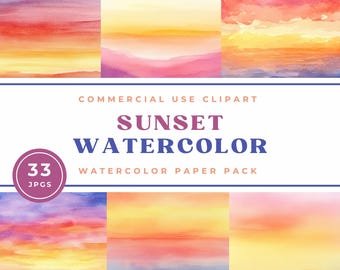 Papel de acuarela con puesta de sol vibrante - Clipart de playa - Arte imprimible - JPG de alta calidad - Descarga digital - Perfecto para revistas basura