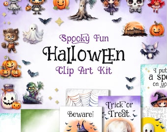 Spöklikt roligt Halloween-clipartkit | Akvarell söt Halloween-clipart | Direkt nedladdning för kommersiellt bruk