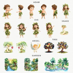 May include: A watercolor illustration of characters from the story of Adam and Eve. The characters include Adam, Eve, a snake, an angel, and a tree. The illustration is set in a garden with a river and flowers.