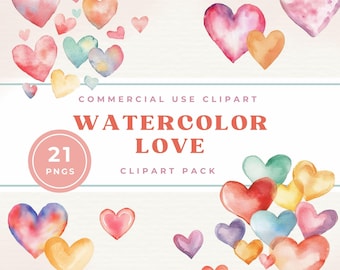 Watercolor Heart Clipart - Digital Download - Valentine's Day Art - Cute Heart Graphics - Commercial Use