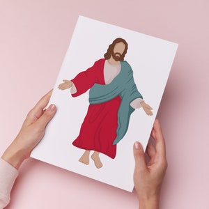 May include: A digital illustration of a person in a red robe with a blue sash, standing with arms outstretched.