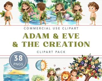 Adam Eve Clip Art, 7 Days of Creation, Bible Story Clipart, Garden of Eden, Religious Graphics, Digital Download, PNG Files
