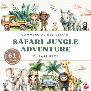 Clipart jungle safari, clipart bébés animaux, téléchargement numérique aquarelle, décoration de chambre d'enfant, art d'anniversaire Safari, téléchargement immédiat