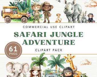 Safari Dschungel Clipart, Baby Tiere Clipart, Aquarell digitaler Download, Kinderzimmer Dekor, Safari Geburtstag Kunst, Instant Download