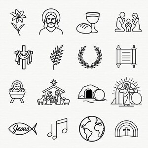 Op de afbeelding: Een verzameling zwart-wit lijntekeningen met religieuze symbolen. Bevat een lelie, een afbeelding van Jezus, een kelk en brood, een biddend gezin, een kruis, een palmtak, een krans, een rol, een baby in een kribbe, een kerststal en de opstanding van Jezus.