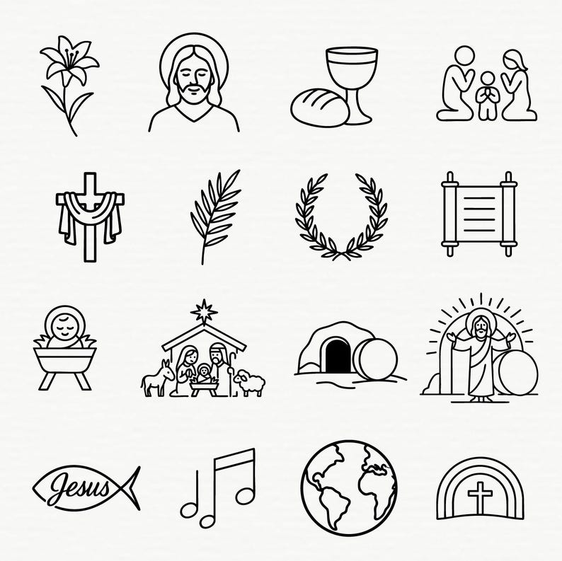 Op de afbeelding: Een verzameling zwart-wit lijntekeningen met religieuze symbolen. Bevat een lelie, een afbeelding van Jezus, een kelk en brood, een biddend gezin, een kruis, een palmtak, een krans, een rol, een baby in een kribbe, een kerststal en de opstanding van Jezus.