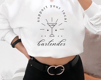 Bluza barmańska. Wspieraj lokalną społeczność. Życie w barze. Przytulny strój domowy. Modny sweter z okrągłym dekoltem. Pomysł na prezent. Unisex. Minimalistyczny sweter graficzny.