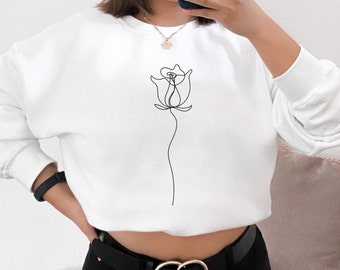 Rose Sweatshirt. Flower Sweater. Trendy Crewneck. Minimalist Sweater. Unisex. Gift Idea. Fine Line Art. Simple Rose. Comfort Colors.