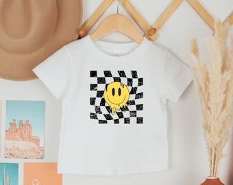 Koszulka z krótkim rękawem dla malucha. Uśmiechnięta buźka w kratkę. Retro Baby. Koszulka dla malucha. Neutralna koszulka dla dzieci. Ubrania dla dzieci. Koszulka Groovy.