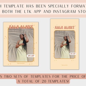 May include: Two Instagram story templates with a sale alert graphic. The templates feature a woman in a yellow dress with a palm tree shadow behind her. The text "SALE ALERT" is in a pink and orange font with a yellow outline. The text "40% off" is in a white font with a pink outline.