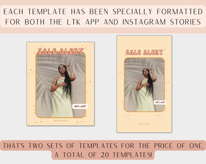 May include: Two Instagram story templates with a sale alert graphic. The templates feature a woman in a yellow dress with a palm tree shadow behind her. The text "SALE ALERT" is in a pink and orange font with a yellow outline. The text "40% off" is in a white font with a pink outline.