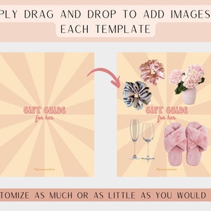 May include: A digital template for a gift guide with a pink and yellow striped background. The template includes the text "Gift Guide for her" and a place to add images of gifts.