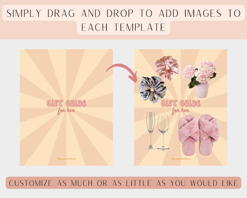 May include: A digital template for a gift guide with a pink and yellow striped background. The template includes the text "Gift Guide for her" and a place to add images of gifts.