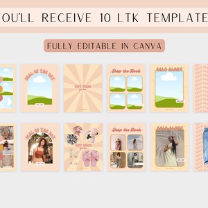 May include: Ten customizable social media templates for use with the LTK app. The templates feature a pastel pink and peach color scheme with a retro 70s aesthetic.  The templates include text such as "Mood Board", "Deal of the Day", "Shop the Look", and "Sale Alert".