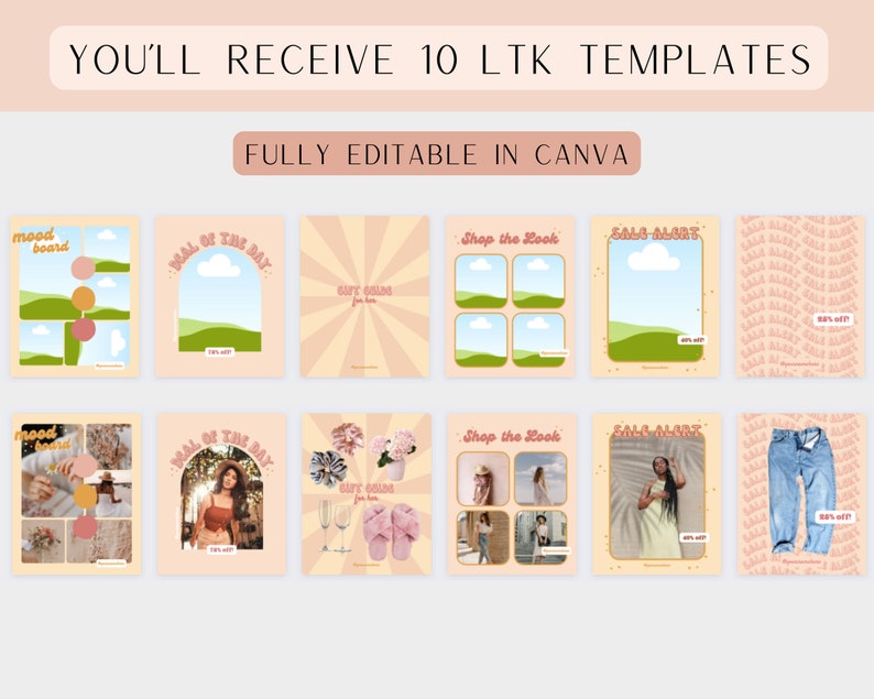 May include: Ten customizable social media templates for use with the LTK app. The templates feature a pastel pink and peach color scheme with a retro 70s aesthetic.  The templates include text such as "Mood Board", "Deal of the Day", "Shop the Look", and "Sale Alert".