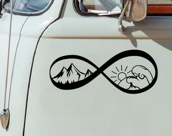Pegatina/calcomanía/idea de regalo con el símbolo del infinito, el sol, las olas y las montañas